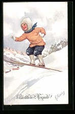 Künstler-AK Karl Feiertag: Junge beim Sprung mit Ski 1911 