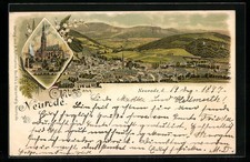 Lithographie Neurode, Die Kirche, Gesamtansicht in der Berglandschaft 1897 