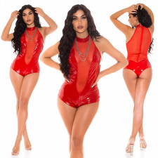 HoT SeXy Jumpsuit Overall Glossy Einteiler Mesh Glanz Body 36 38 transparent rot