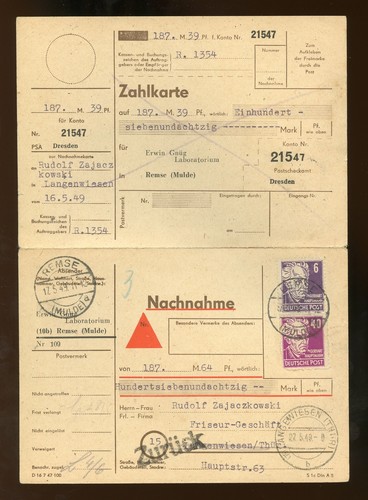 Sbz 213 223 - sbz, nachnahme-karte
