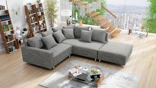 Wohnlandschaft Sofa Couch Ecksofa Eckcouch Gewebestoff hellgrau + Hocker Minsk R