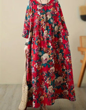 ❣️ Cottage Landhaus Maxi Kleid Taschen Leinen 38 M oversize  Rosen Blumen rot