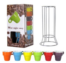 7-teiliges Espresso-Set 6 Stück bunte Esspressotassen inkl. Metallhalterung