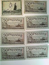 Notgeld, Niederlahnstein, 1x 25 Pfennig, 7x 50 Pfennig, 1917, Konvolut