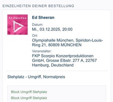 2x Tickets Karten ED SHEERAN München Konzert Stehplatz 03.12.2025 Olympiahalle