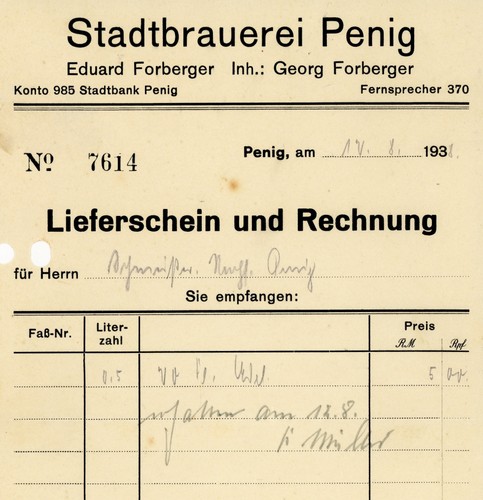 Rechnung stadtbrauerei penig - rechnung,