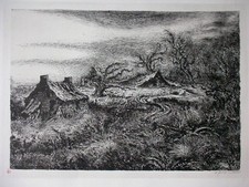 A. Paul Weber, Original Lithographie 1965, signiert, Das verlassene Dorf