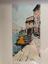 Vintage Radierung "Gandria" - reich coloriert, 50er Jahre, Mid Century