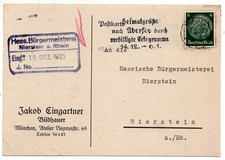 Alter Beleg Postkarte München Nierstein 1935 Jakob Eingartner Bildhauer signiert