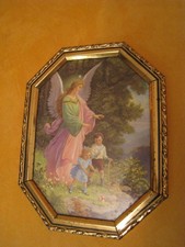 antikes Heiligenbild  Kinder mit Schutzengel - Bild  Schutzbild 8-eckiger Rahmen