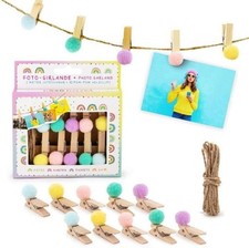 FOTO-GIRLANDE 2 m Leine + 10 Pom-Pom Holzclips für Fotos, Karten, Erinnerungen