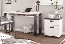 Schreibtisch Set mit Rollcontainer "Stove" in weiß Pinie und anthrazit Landhaus