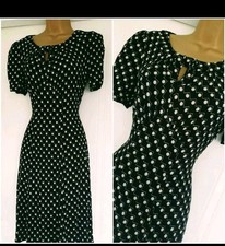 Vintage 1930er 1940er WW2 Stil schwarz gepunktet Tee Party Kleid Größe UK 10