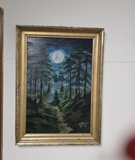 Vollmond,Waldweg, Acryl,Bild ,Malerei Kunst UNIKAT HANDGEMALT,Antiker RAHMEN.