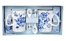2 Teetassen + Löffel blau Rosen Dekor Tassen Teebecher Geschenk Porzellan