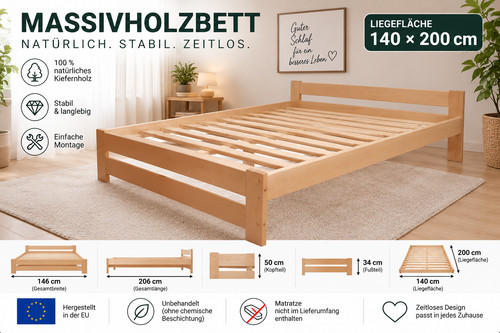 Massivholzbett 140x200 kiefer - 140x200,