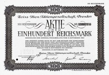 Zeiss Ikon AG, Dresden, 29. 09. 1926 (100 RM) erste Emisson / Gründeraktie