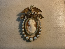 Vintage Brosche mit Gemme, Straß u Perlen gerahmt, Florenza 