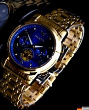 Edle Herren Männer Armband Uhr Chronograph Stoppuhr Datum Blau Gold Farben NEU *