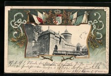 Passepartout-Lithographie Nürnberg, Frauentor, Bayerisches Wappen, Fahnen 1904 