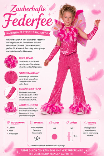 Federfee kinderkostüm pink - kinderkostüm,