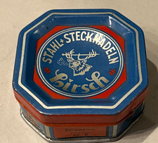 Alt Blechdose Stahl Stecknadeln Hirsch Leer 18cm  8 Eck 6,5cm bunt 30erJ Reklame