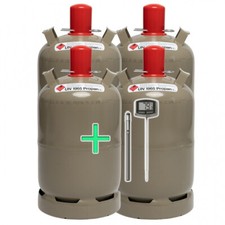 4x Propangas-Flasche, 11 kg, grau, ungefüllt inkl.  Weber Grillthermometer