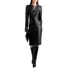 Damen Echte Leder Kleid Cocktailparty V-Ausschnitt Leder Overall Schwarzes Kleid