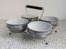 50er 60er Vintage Retro Pyrex Hostess Dip Snack Servierschalen Ständer Grau Weißdorn