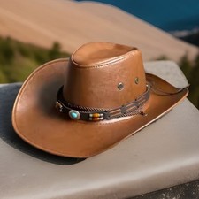 LEDER COWBOY HUT FAUX LEDER PANAMA HUT MIT ZIERSTEIN TÜRKIS INDIANER PERLEN KORD