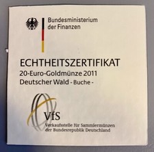 Echtheitszertifikat 20 Euro Goldmünze 2011 Deutscher Wald Buche -keine Münze!!
