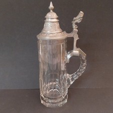 Antiker Glas Bierkrug mit Zinndeckel Monogramm - Bayrisches Wappen