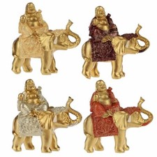 Lachender Buddha auf Elefant Gold 4er Set, Statue Lachender Buddha + Elefant 4 p