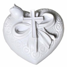 HERZ Spardose WEIß mit Rose und Kreuz Geschenk zur Taufe Geburt Sparbox