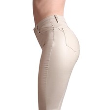 Damen Skinny Hose Lederoptik High Waist Push Up Slim Fit Stretch Treggings Glanz