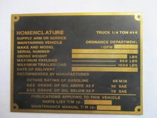 Typenschild GPW Jeep Messing Schild Id-plate WW 2 II  für Ford Mutt ? s42
