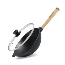 Wok Ø24 cm 2,2 L aus Gusseisen mit Holzgriff Glasdeckel Asia Wokpfanne Induktion