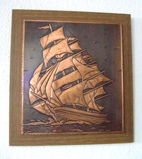 Bild Kupfer Kupferbild Reliefbild Siff Segelschiff Vintage Maritime Kunst Antik
