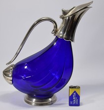 alte KARAFFE Dekanter Zinnmontur Kanne blau Deko Wasser Wein Küche Fest Behälter