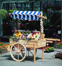 Marktwagen mit Baldachin weiß blau Holzwagen Beistellwagen Grillwagen Garten