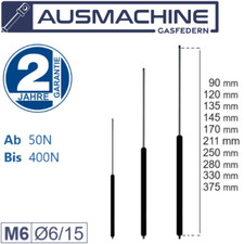 6/15 mm Gasdruckfeder 90 - 375mm Länge 50N - 400N Gasfeder Gasdruckdämpfer M6