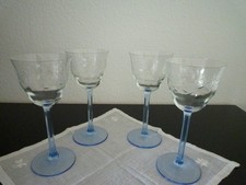4x Glas, elegante Weingläser mit blauem Stiel und Fuß, Kristall geschliffen