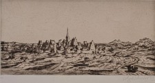 Bruno Goldschmitt Stadtansicht Landschaft Kutsche signiert Radierung 20 Jhd