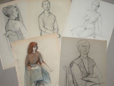 Portrait Weiblicher Akt - Nachlass Peter Lorenz 7 Kohle-Zeichnungen Skizzen 1980