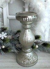 Großer Kerzenständer Kerzenhalter, Glas Bauernsilber,  matt Weiß - Silber, 23 cm