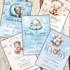 10 Bedruckte Babyparty Einladungen, Baby Junge Einladungen, Teddybär, Blau Einladungen