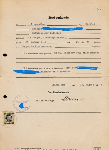 Sterbeurkunde 1942 lingen ems - lingen-,