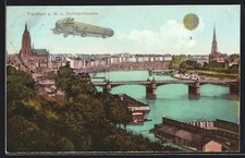 AK Frankfurt a. M., Zeppelin und Ballon fliegen nach Sachsenhausen 1909 
