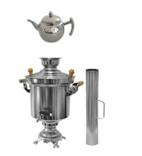 Russischer Türkischer Holzkohle Samowar 5 Liter Edelstahl mit 1L Design Teekanne