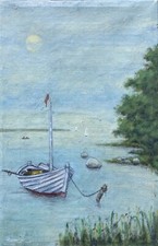 Ölbild Uferlandschaft mit Boot am See Fjord Skandinavien Anonym 44,5 x 29,5 cm